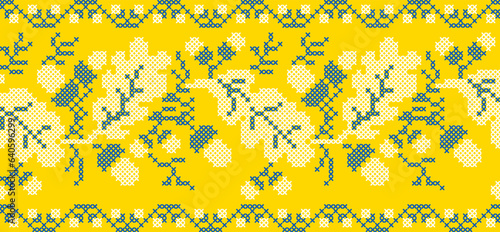 Vector illustration of Ukrainian ornament in ethnic floral style with oak leaves and acorns, identity, vyshyvanka, embroidery for print clothes, websites, banners. background. Floral design, border