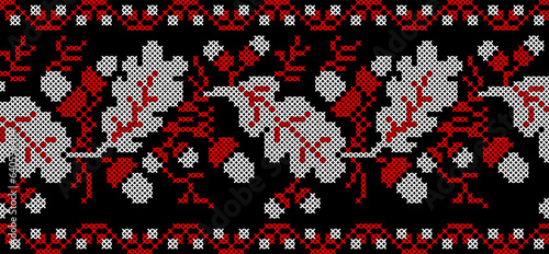Vector illustration of Ukrainian ornament in ethnic floral style with oak leaves and acorns, identity, vyshyvanka, embroidery for print clothes, websites, banners. background. Floral design, border