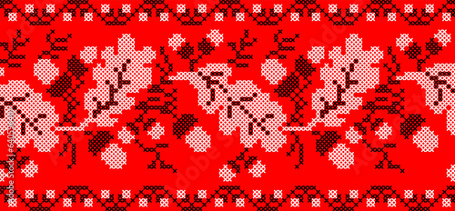 Vector illustration of Ukrainian ornament in ethnic floral style with oak leaves and acorns, identity, vyshyvanka, embroidery for print clothes, websites, banners. background. Floral design, border