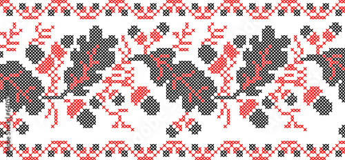 Vector illustration of Ukrainian ornament in ethnic floral style with oak leaves and acorns, identity, vyshyvanka, embroidery for print clothes, websites, banners. background. Floral design, border