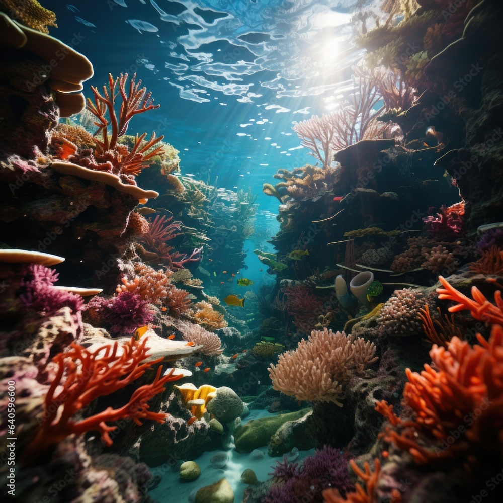 Marine biodiversity in lively coral reef with diverse underwater wildlife.
