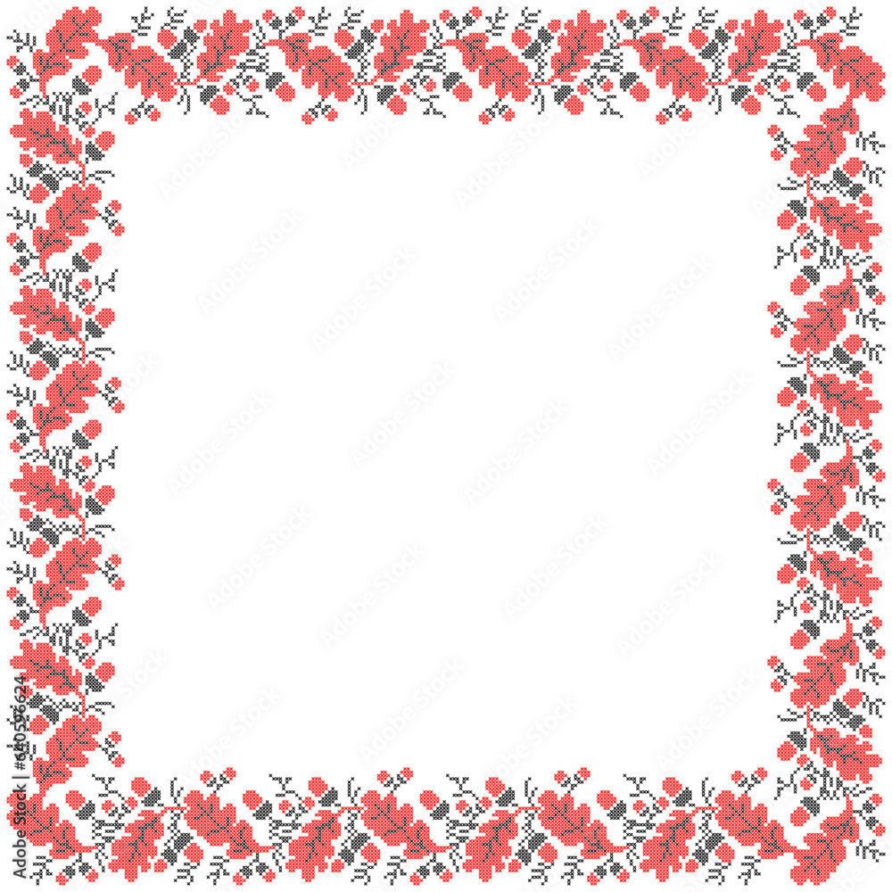 Vector illustration of Ukrainian ornament in ethnic floral style with oak leaves and acorns, identity, vyshyvanka, embroidery for print clothes, websites, banners. background. Floral design, border Vector illustration of Ukrainian ornament in ethnic floral style with oak leaves and acorns, identity, vyshyvanka, embroidery for print clothes, websites, banners. background. Floral design, border