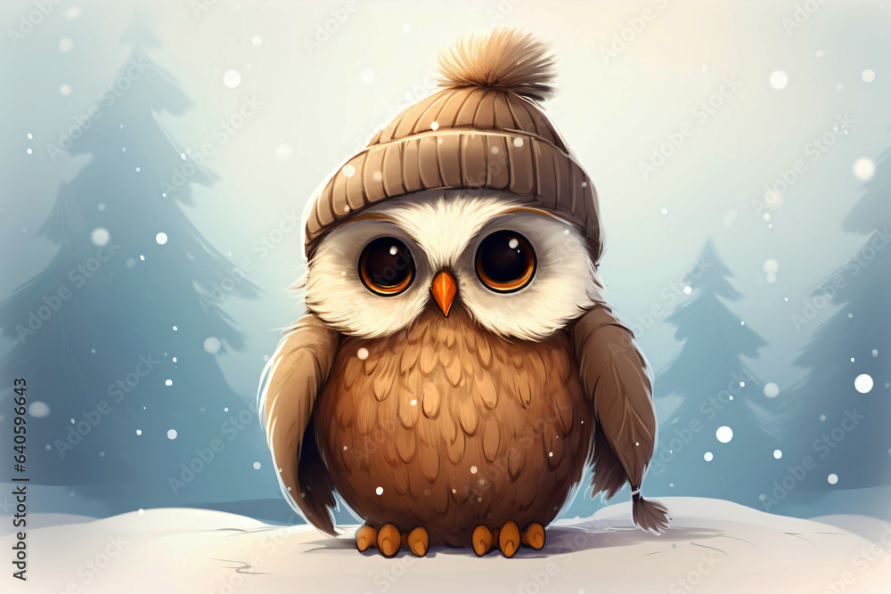 Fototapeta premium Little owl wearing a beanie hat in the snow
