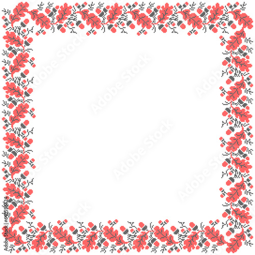 Vector illustration of Ukrainian ornament in ethnic floral style with oak leaves and acorns, identity, vyshyvanka, embroidery for print clothes, websites, banners. background. Floral design, border