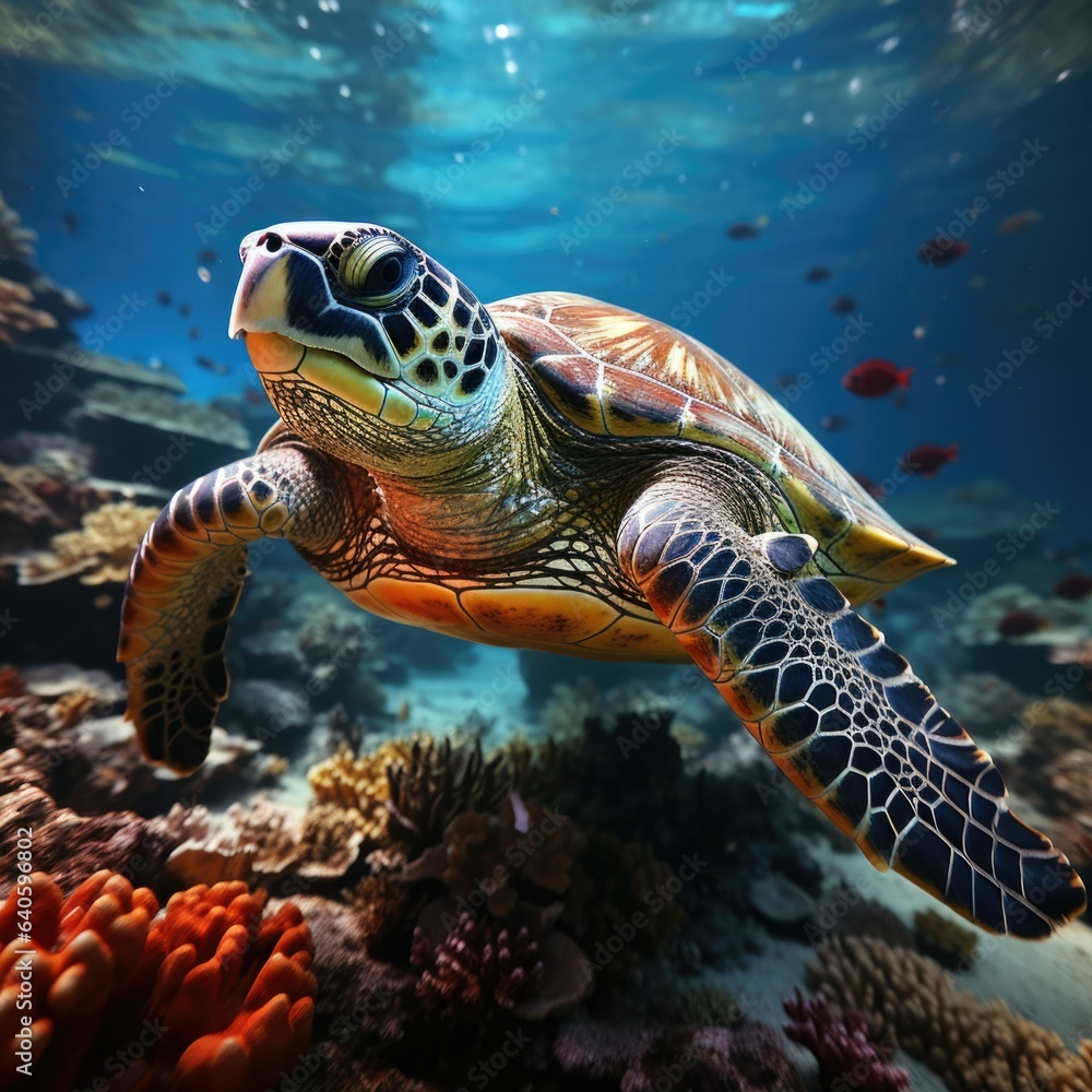 Fototapeta premium Turtle with group of colorful fish and sea animals with colorful coral underwater in ocean