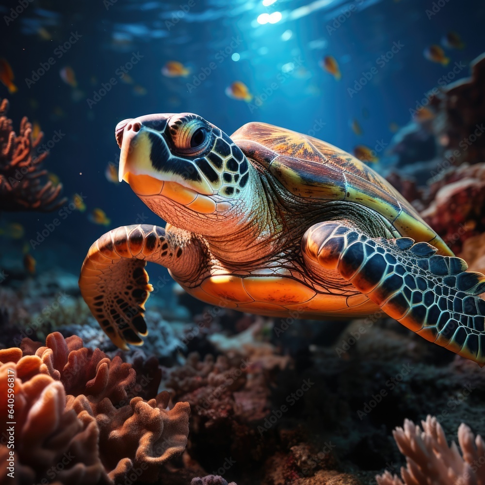Fototapeta premium Turtle with group of colorful fish and sea animals with colorful coral underwater in ocean