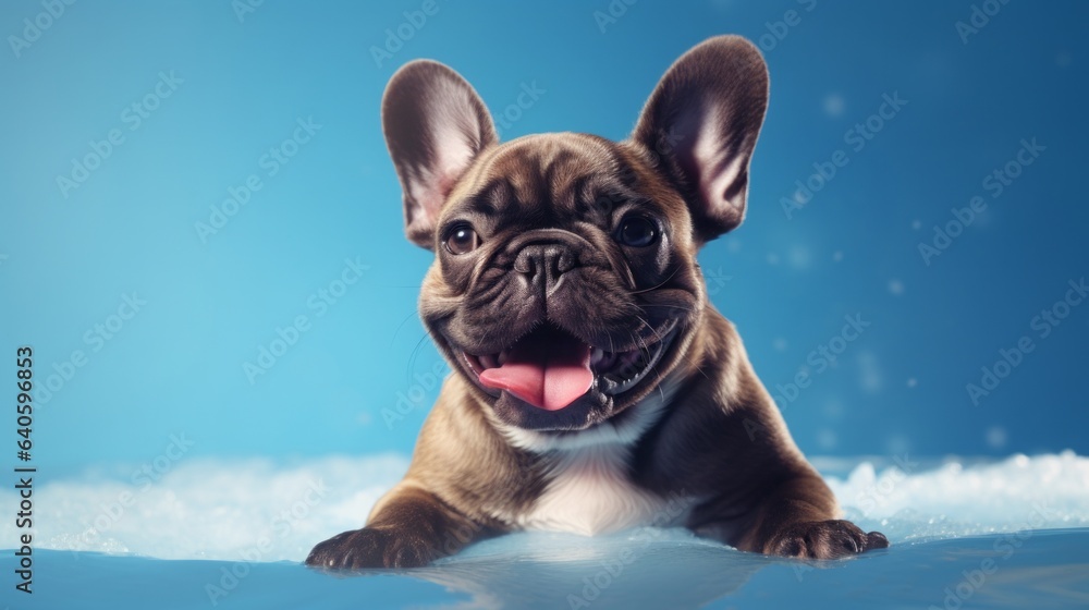 Portrait of a French Bulldog on an ice, blue background