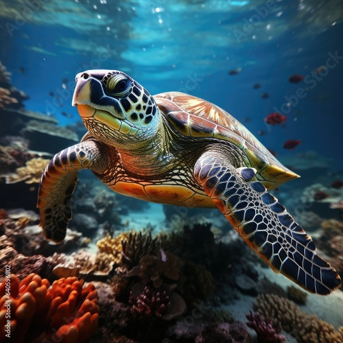 Turtle with group of colorful fish and sea animals with colorful coral underwater in ocean © branislavp
