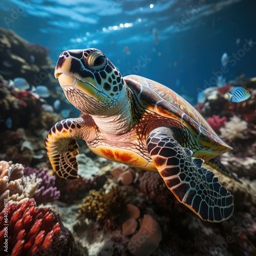 Turtle with group of colorful fish and sea animals with colorful coral underwater in ocean