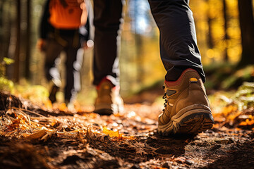 Group of tourists walks along the path of the autumn forest. Feet close-up. Traveling in a small group.