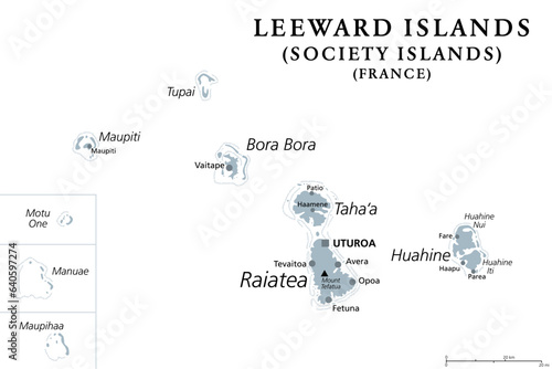 Leeward Islands, gray political map. Western part of the Society Islands in French Polynesia. Overseas collectivity of France in the South Pacific, with capital Uturoa on the largest island Raiatea.