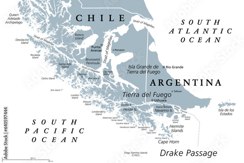 Tierra del Fuego, gray political map. Archipelago and southernmost tip of South America, across the Strait of Magellan, divided between Chile and Argentina. With Cape Horn, north of the Drake Passage.