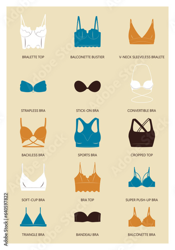 Types of bras. Vector set of lingerie.