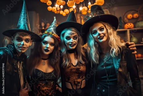 Group of Friends enjoying party celebrating in halloween witch costume