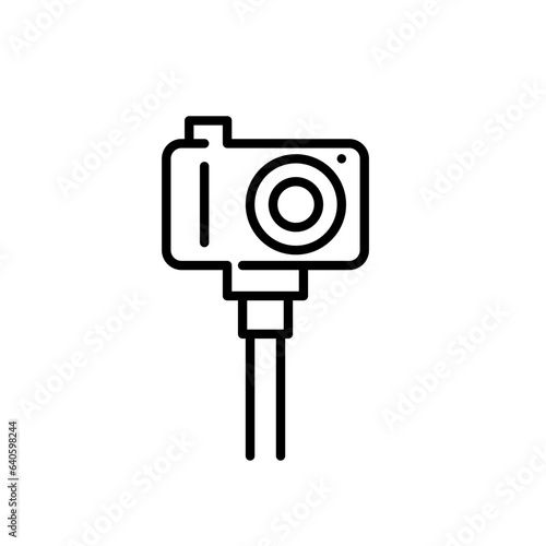 Camera on a selfie stick. Blogging, streaming or videoing your vacation. Pixel perfect, editable stroke icon
