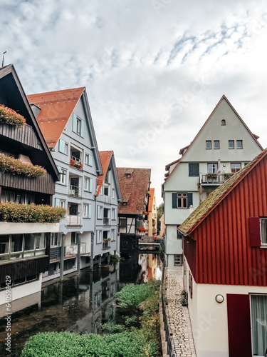 Traditional German houses on small canals in the center of the old city of Ulm