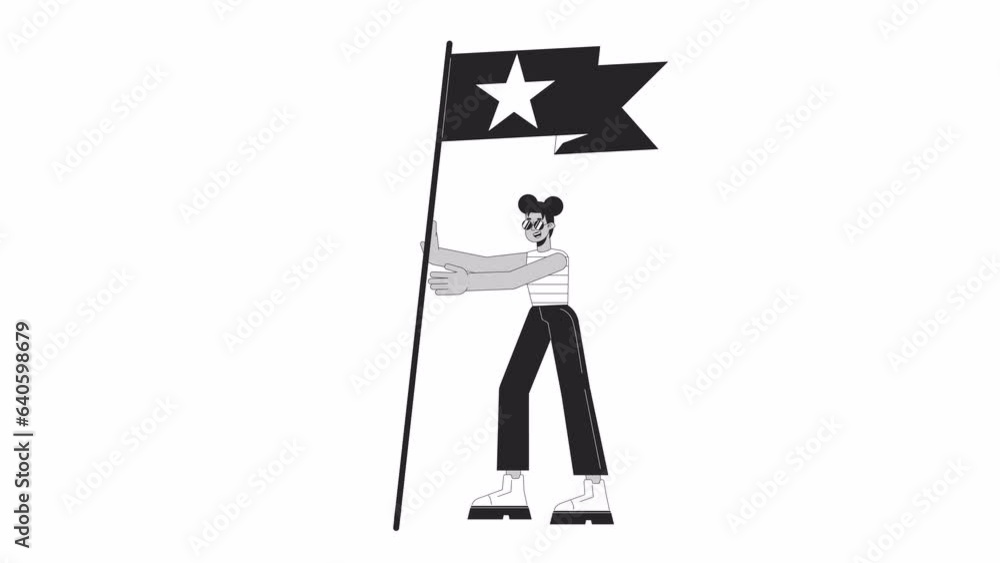 African american streetwear girl raising flag bw outline 2D character animation. Climb leadership monochrome linear cartoon 4K video. Fangirling on concert animated person isolated on white background African american streetwear girl raising flag bw outline 2D character animation. Climb leadership monochrome linear cartoon 4K video. Fangirling on concert animated person isolated on white background