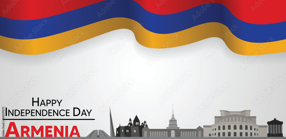 Armenia Independence day vector poster with waving flag on sky abstract city skyline template for invitation card