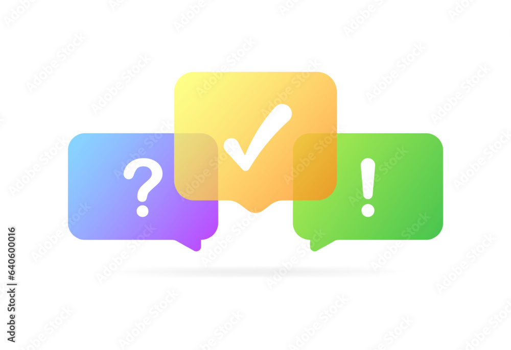 Check mark, question mark, exclamation mark - bubbles. Flat, color, question mark, exclamation mark, tick. Vector icons Check mark, question mark, exclamation mark - bubbles. Flat, color, question mark, exclamation mark, tick. Vector icons