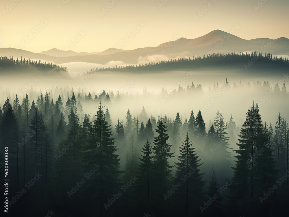 Misty forest, bathing in the morning light