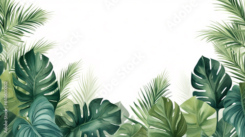 Abstract foliage botanical Green watercolor wallpaper of tropical plants, palm leaves, leaf branches  white background blank for text