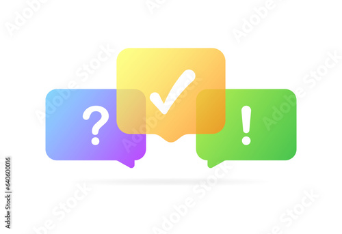 Check mark, question mark, exclamation mark - bubbles. Flat, color, question mark, exclamation mark, tick. Vector icons