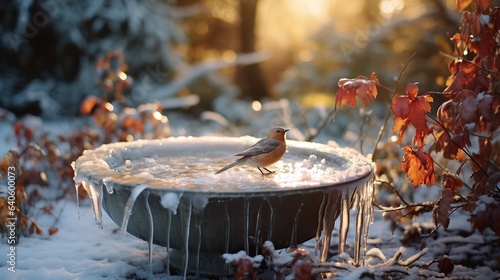 Wallpaper Mural Frozen birdbath with bird sitting on the ice. Torontodigital.ca