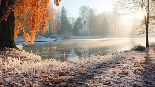 Fényképezés Frosty feilds and ponds in the autumn.