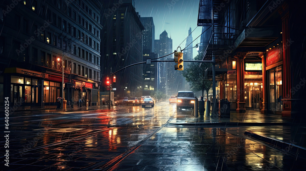 Hyperrealistic rain-soaked city street at night