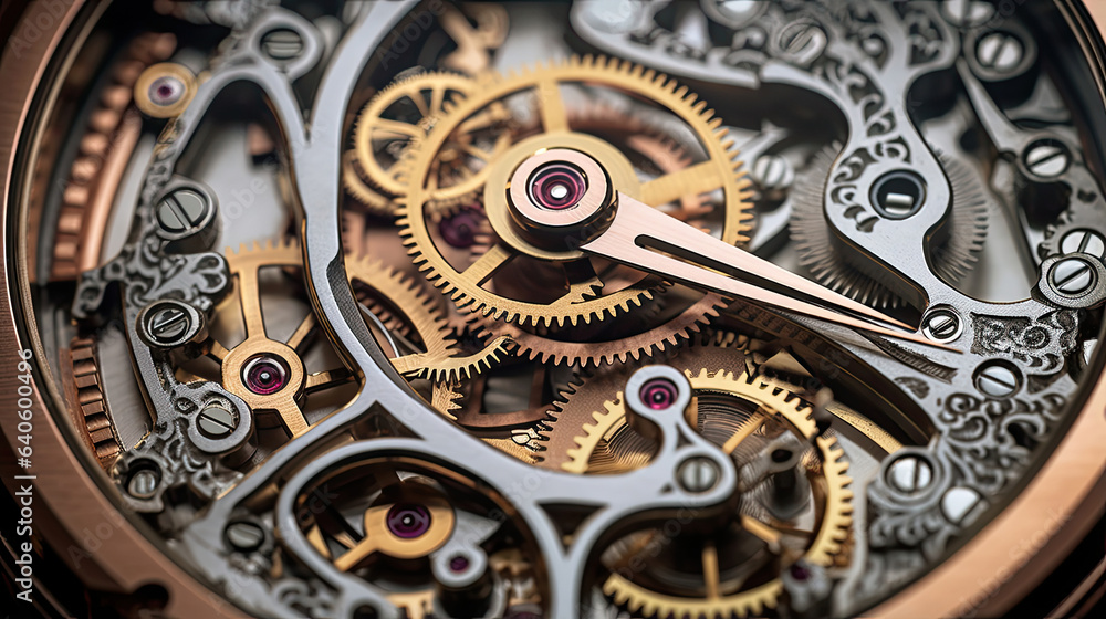 Fine details of a mechanical watch's intricate gears