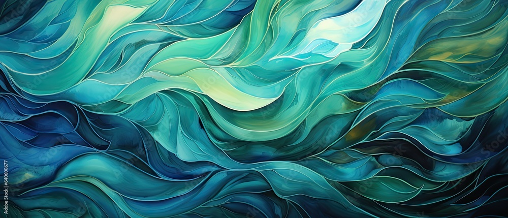 Swirling cerulean and emerald hues gracefully dancing together, creating intricate patterns reminiscent of deep ocean currents - obrazy, fototapety, plakaty 