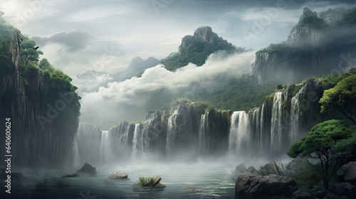 Hyperreal view of a majestic waterfall and misty surroundings