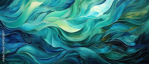 Swirling cerulean and emerald hues gracefully dancing together, creating intricate patterns reminiscent of deep ocean currents © Filip