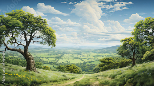 Hyperreal view of a serene countryside landscape