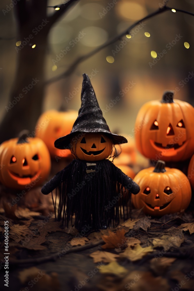 Naklejka premium happy little halloween figure surrounded by halloween pumpkins, suitable for seasonal greeting cards, banners and decoration - ai-generated