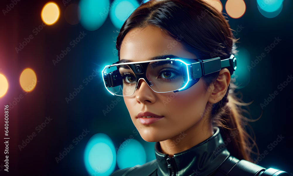 Woman with smart glasses futuristic technology, futuristic technology digital remix. generative AI Woman with smart glasses futuristic technology, futuristic technology digital remix. generative AI