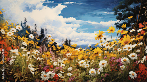 Hyperreal depiction of a sunlit field of wildflowers