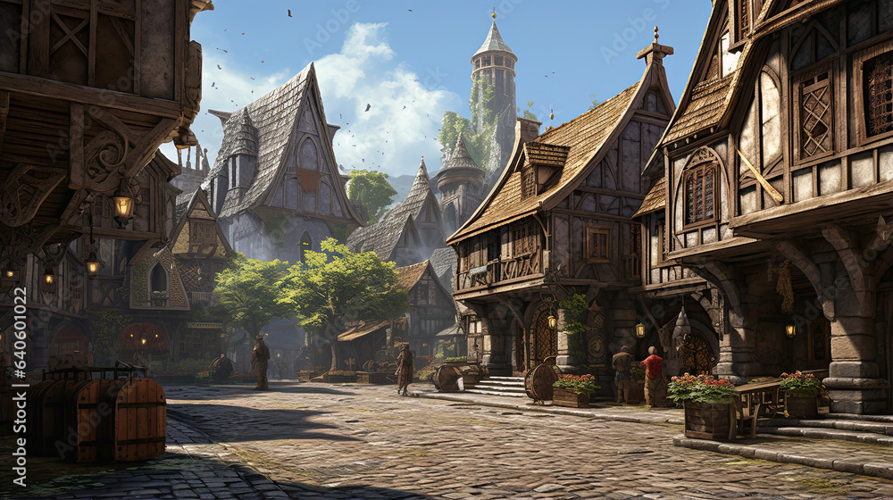 Astonishingly detailed view of a medieval village square