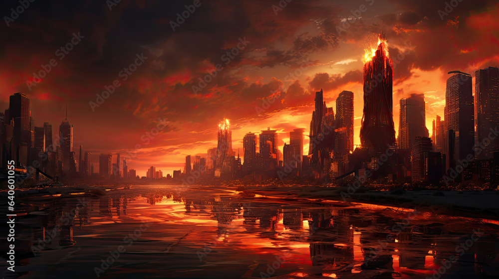 Hyperreal view of a city skyline during a fiery sunset