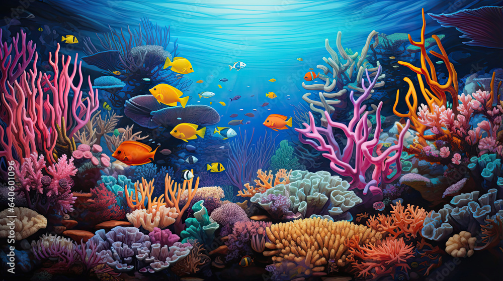 Hyperrealistic depiction of a vibrant underwater coral reef