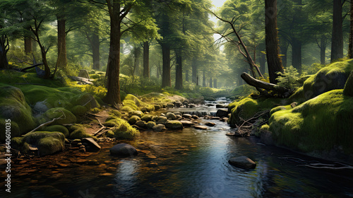 Hyperrealistic portrayal of a serene forest stream