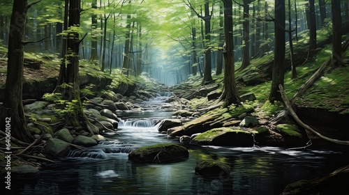 Hyperrealistic portrayal of a serene forest stream