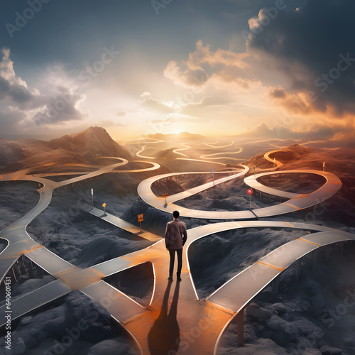 Abstract illustration man standing at a crossroads, concept of choice and decision making photo