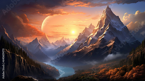 Ultra-detailed depiction of a mountain range at sunset © javier