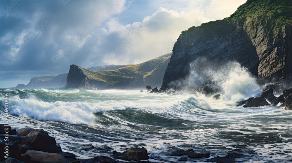 Hyperrealistic view of a coastal cliff with crashing waves