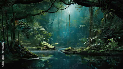 Hyperreal portrayal of a dense Amazonian jungle