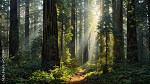 Hyperrealistic portrayal of a sunlit redwood grove