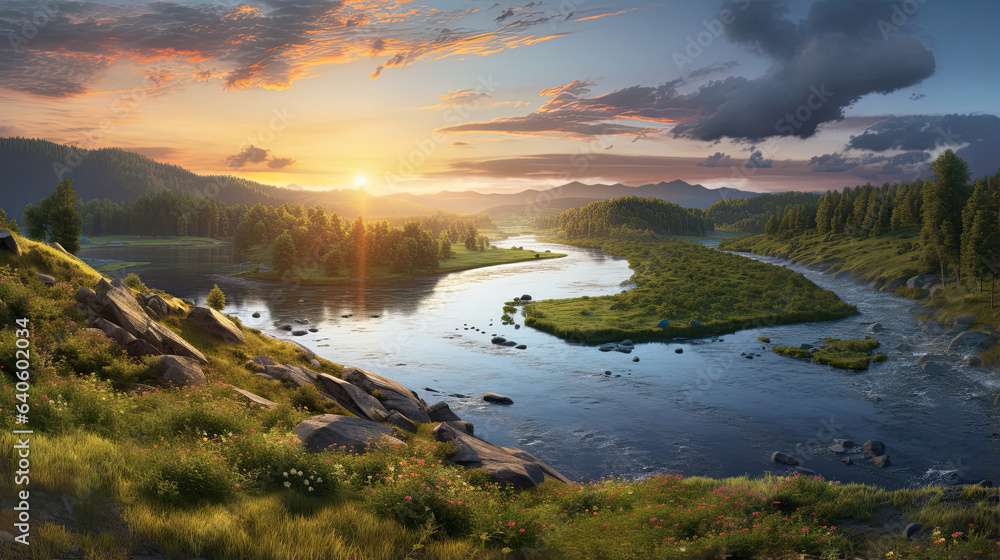 Hyperreal view of a peaceful river bend at sunset