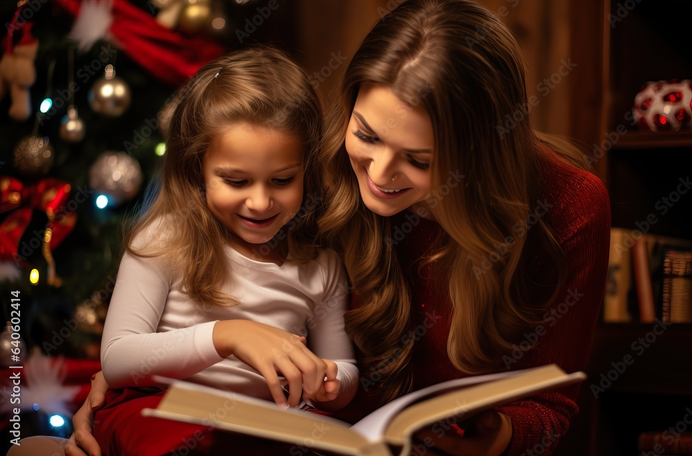 Mother and Daughter's Candid Christmas Tree Moment. generative AI Mother and Daughter's Candid Christmas Tree Moment. generative AI