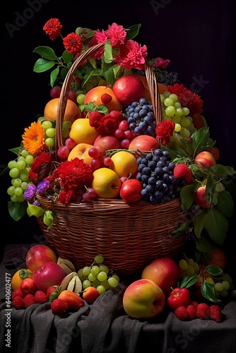 A vibrant overflowing basket of assorted fruits